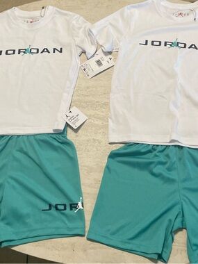 Jordan White Tee with Teal Athletic Shorts - Youth Set